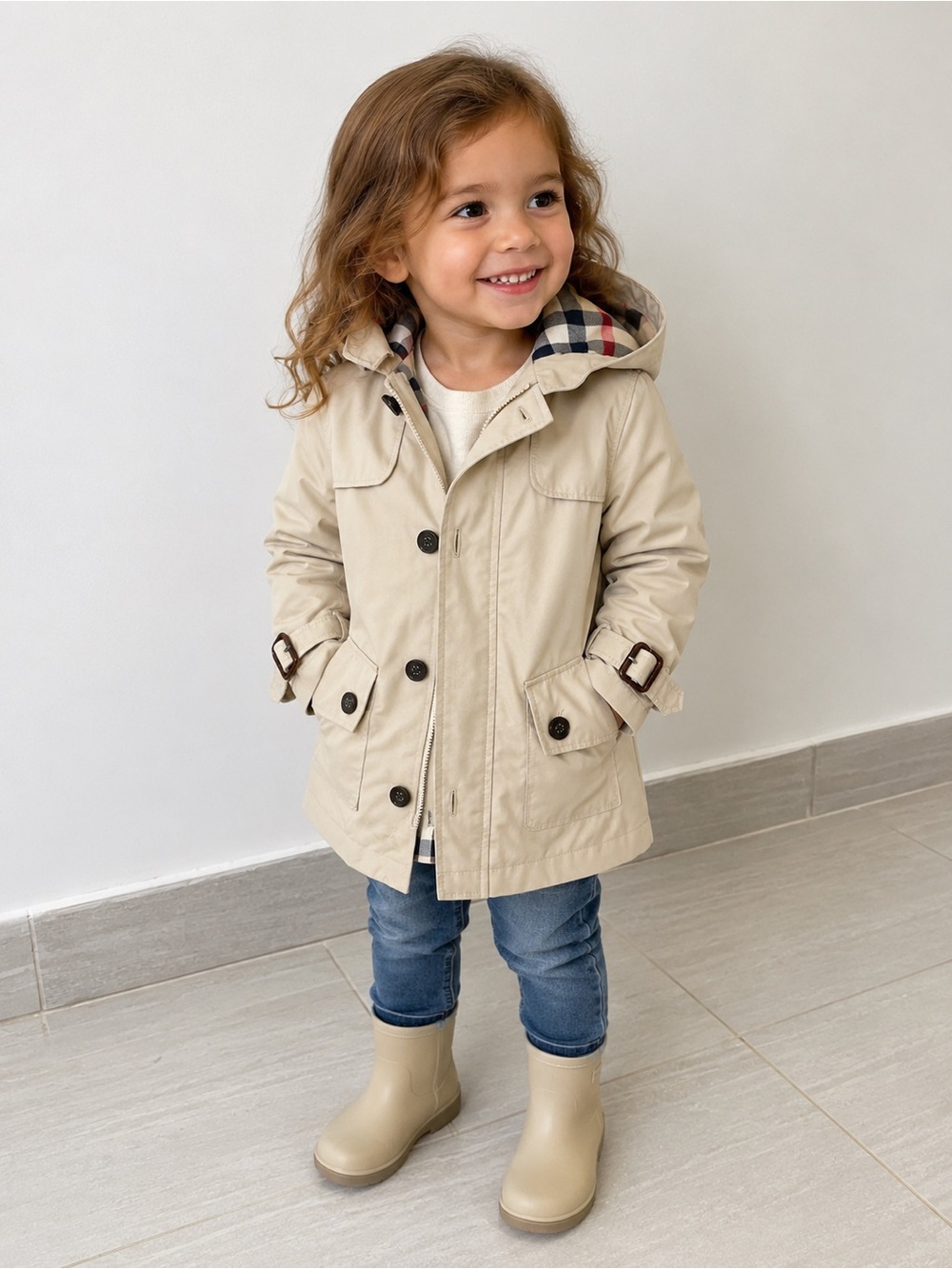Burberry Kids Hooded Trench Coat Beige Nova Check Lined Jacket Size 3Y